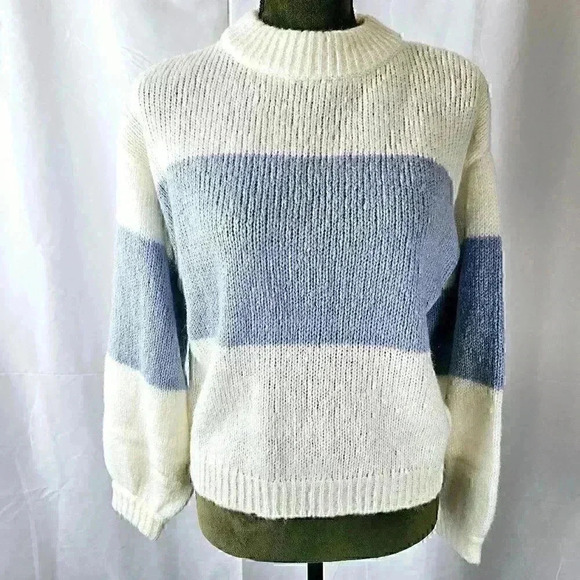 Lascana Oversized Colorblock Striped Crewneck Sweater, White & Blue, Size 0/2 - Picture 2 of 6
